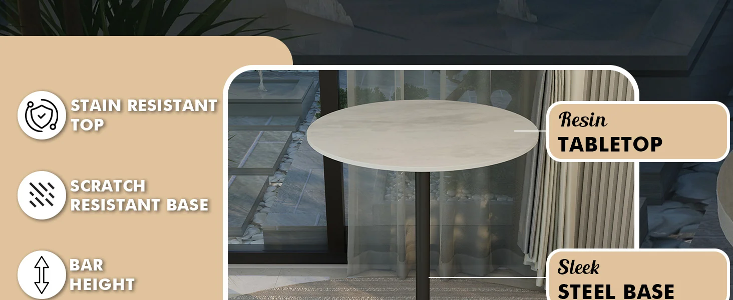 Verve Collection Modern Bar Height Table Black Base with 27" Round Marbleized White Laminated Top