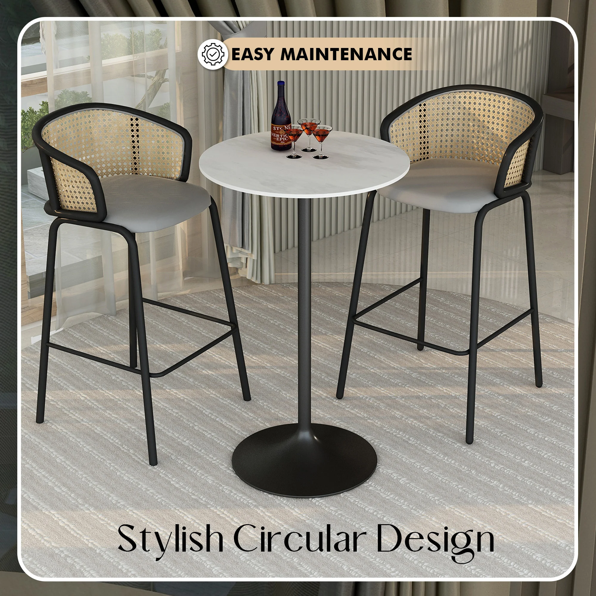 Verve Collection Modern Bar Height Table Black Base with 27" Round Marble White Sintered Stone Top