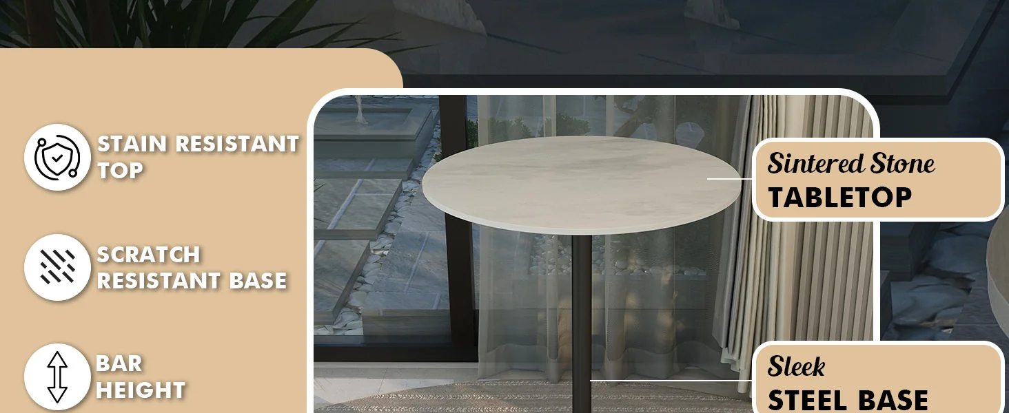 Verve Collection Modern Bar Height Table Black Base with 27" Round Marble White Sintered Stone Top