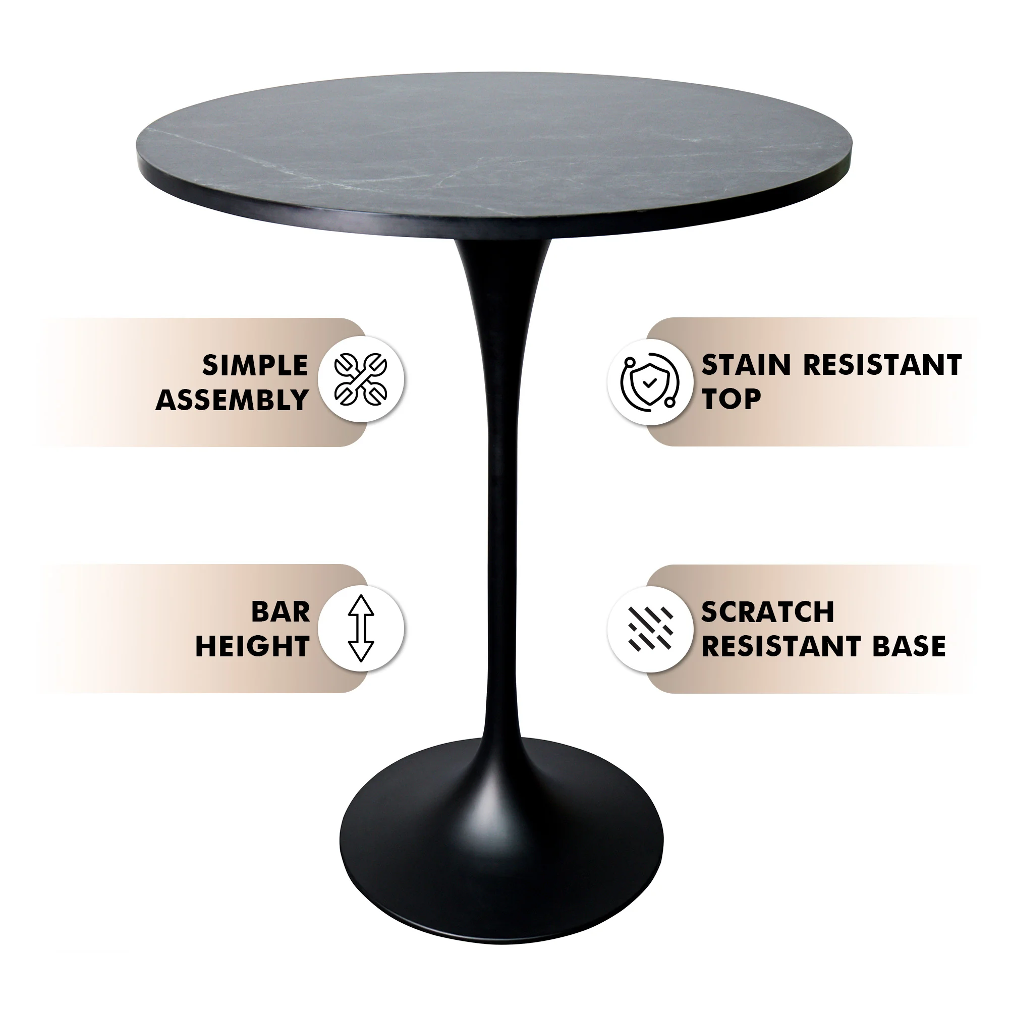Verve Collection Modern Bar Height Table Black Base with 36" Round Black Marbelized MDF Top