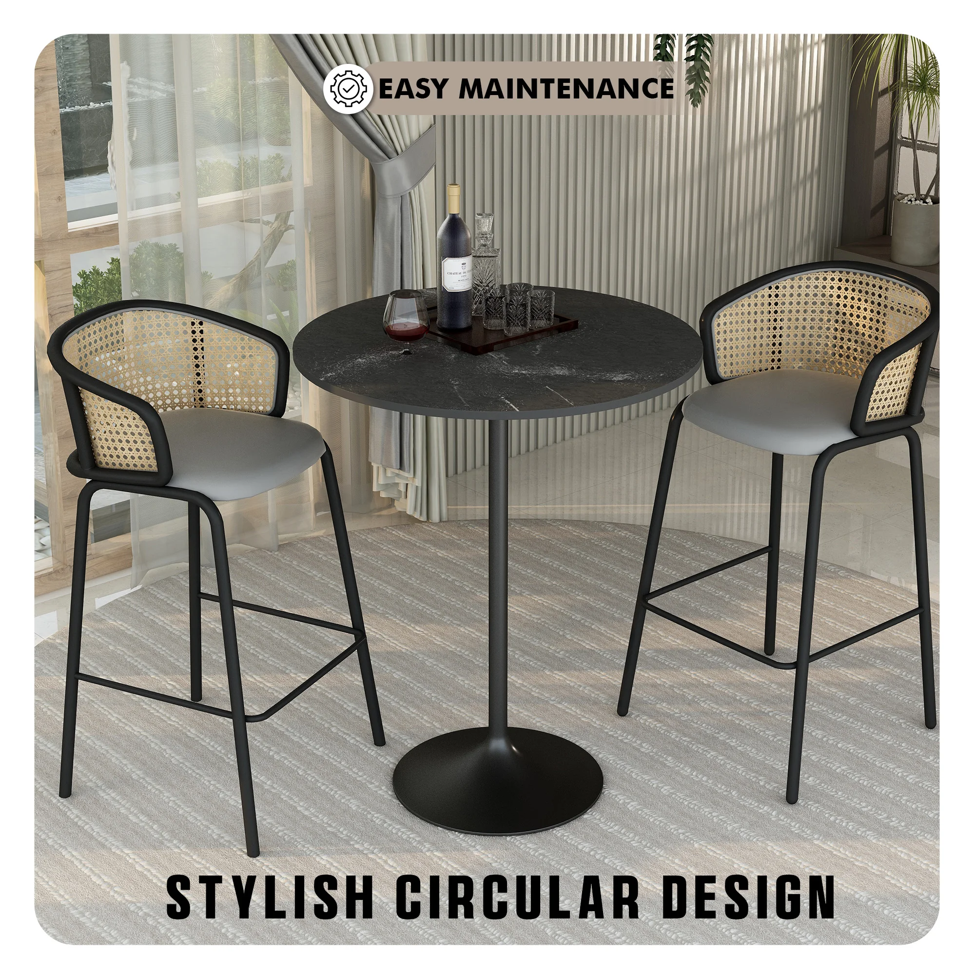 Verve Collection Modern Bar Height Table Black Base with 36" Round Black Marbelized MDF Top