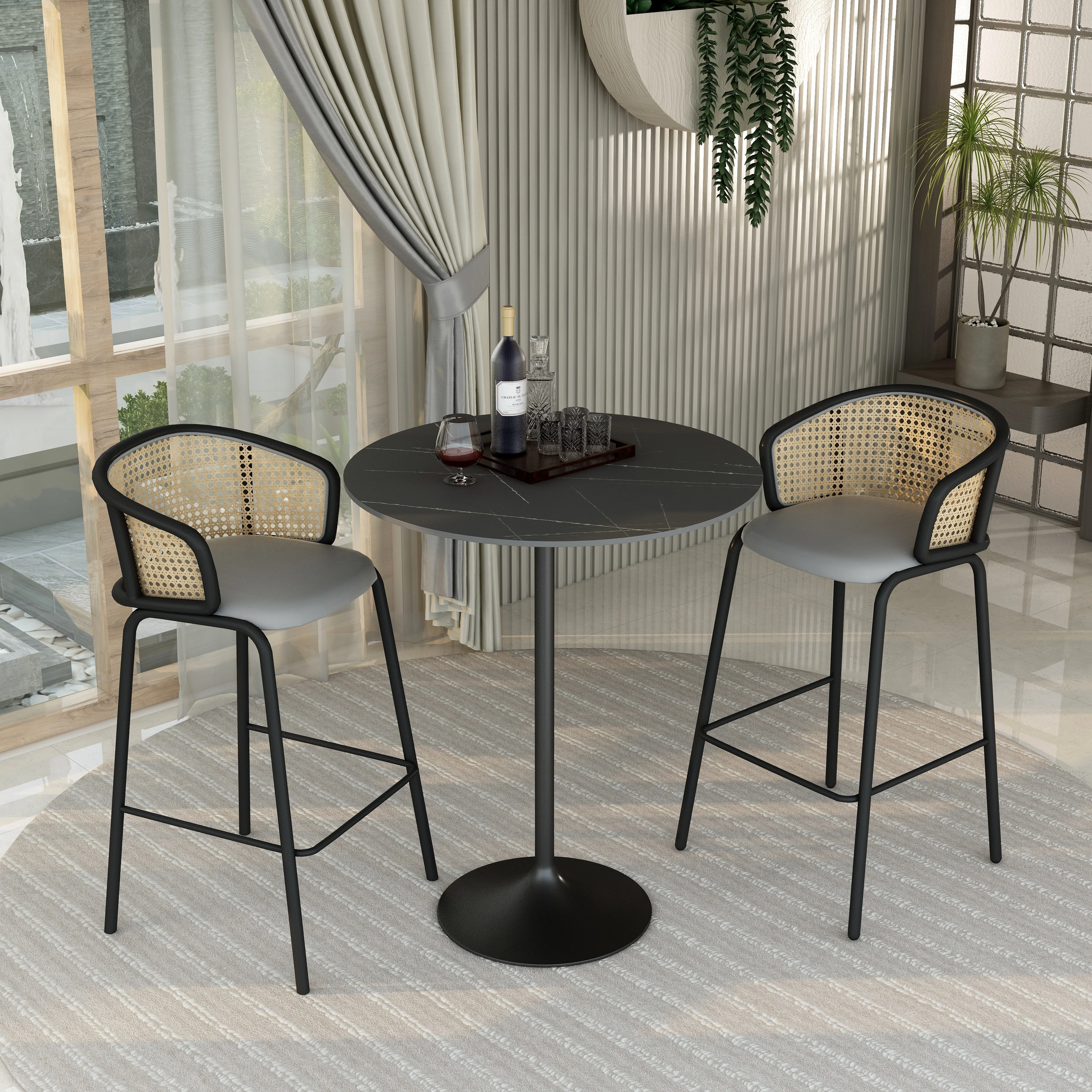 Verve Collection Modern Bar Height Table Black Base with 36" Round Black Marbelized Sintered Stone Top