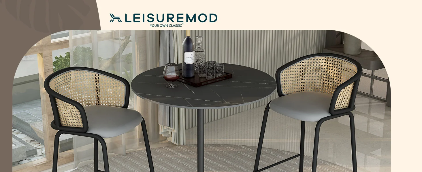 Verve Collection Modern Bar Height Table Black Base with 36" Round Black Marbelized Sintered Stone Top