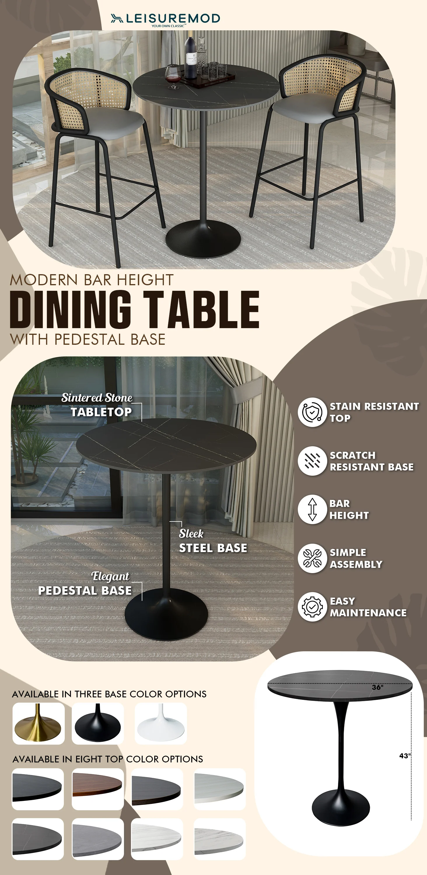 Verve Collection Modern Bar Height Table Black Base with 36" Round Black Marbelized Sintered Stone Top
