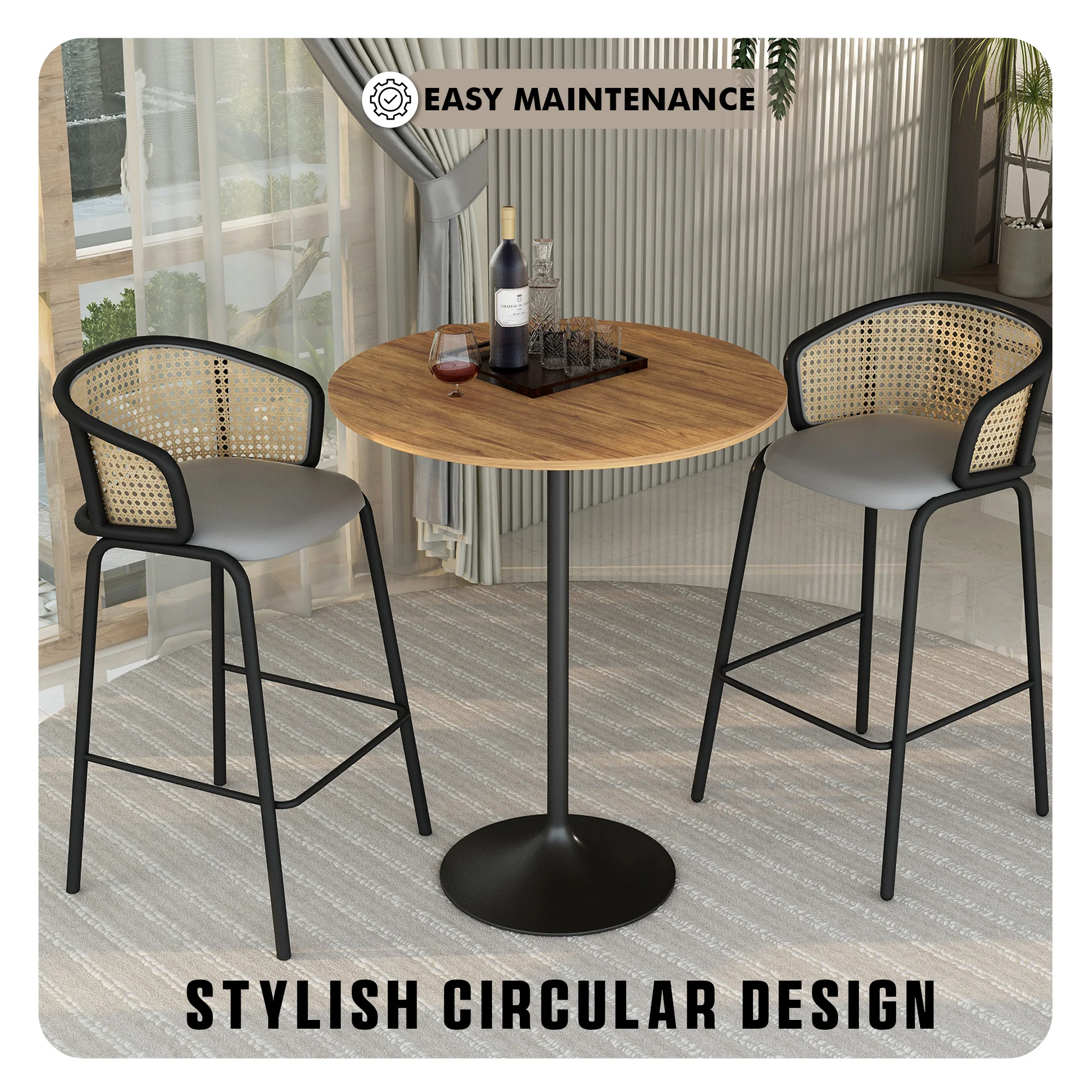 Verve Collection Modern Bar Height Table Black Base with 36" Round Cognac Brown MDF Top