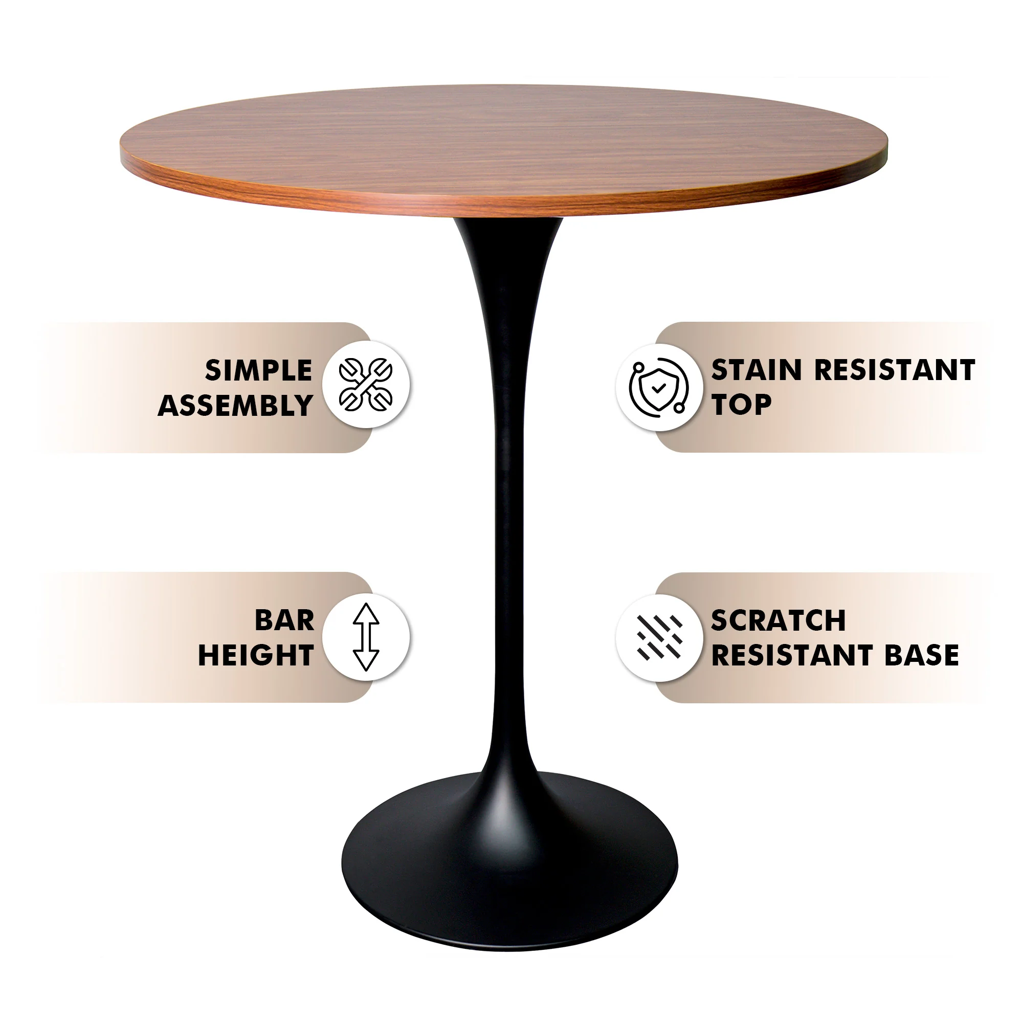 Verve Collection Modern Bar Height Table Black Base with 36" Round Cognac Brown MDF Top