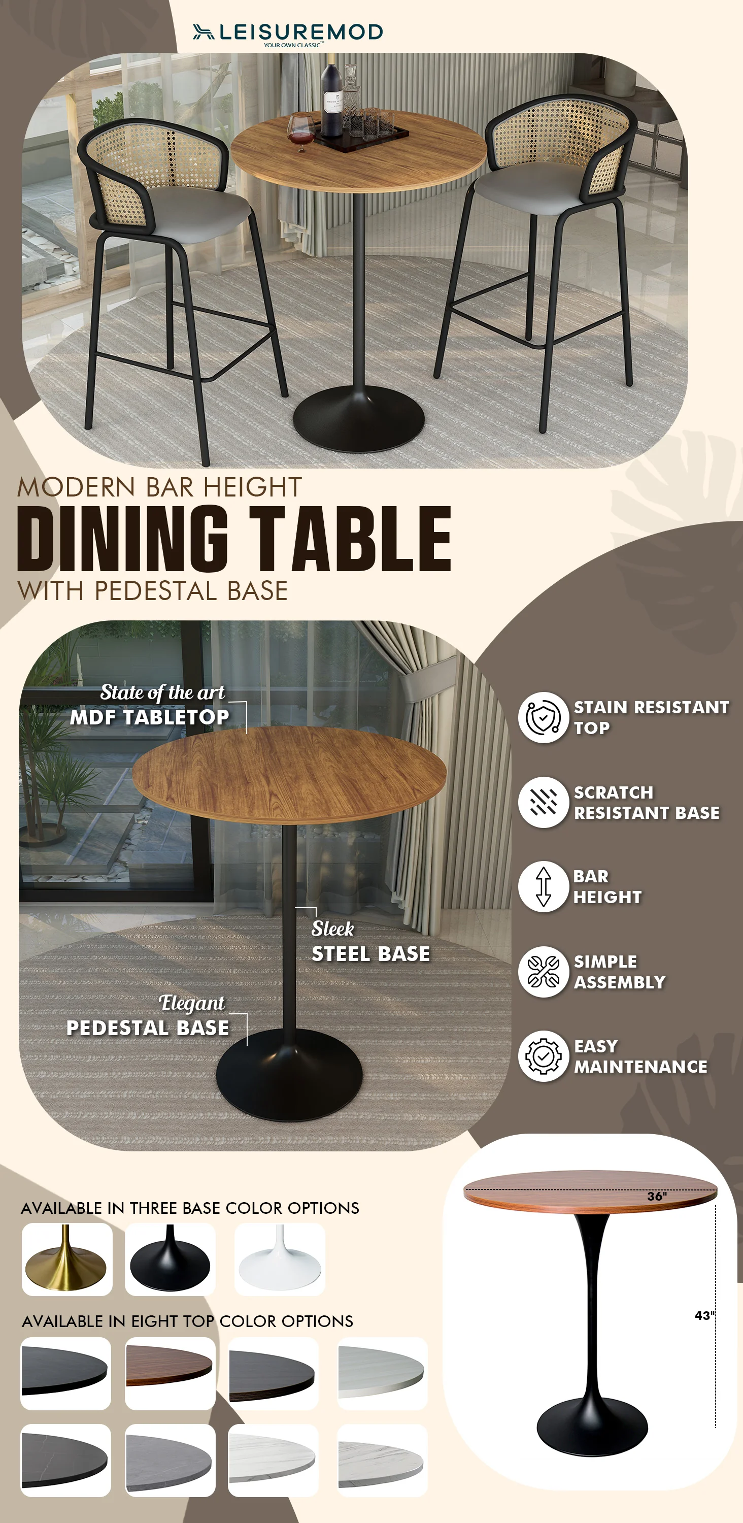 Verve Collection Modern Bar Height Table Black Base with 36" Round Cognac Brown MDF Top