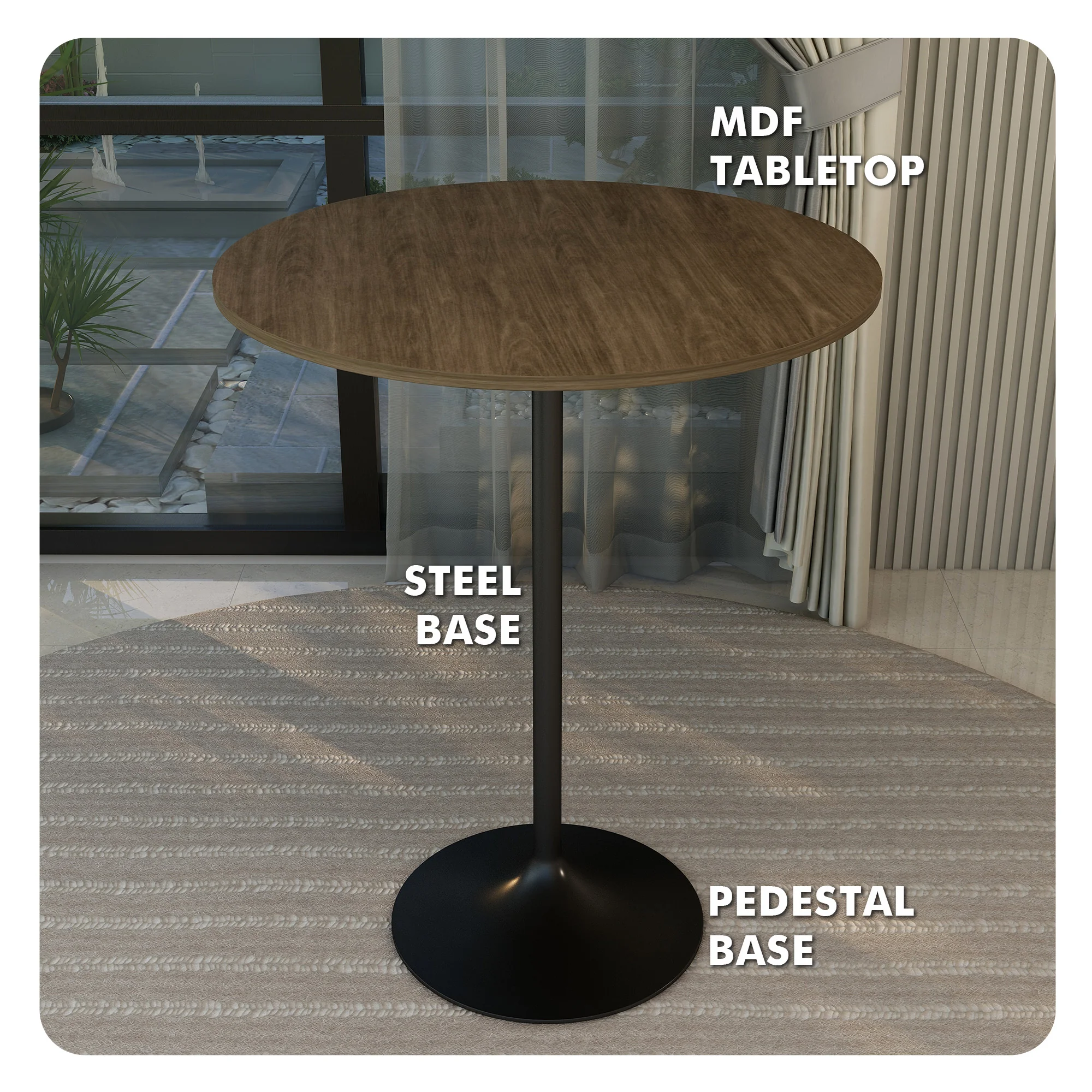 Verve Collection Modern Bar Height Table Black Base with 36" Round Dark Walnut MDF Top