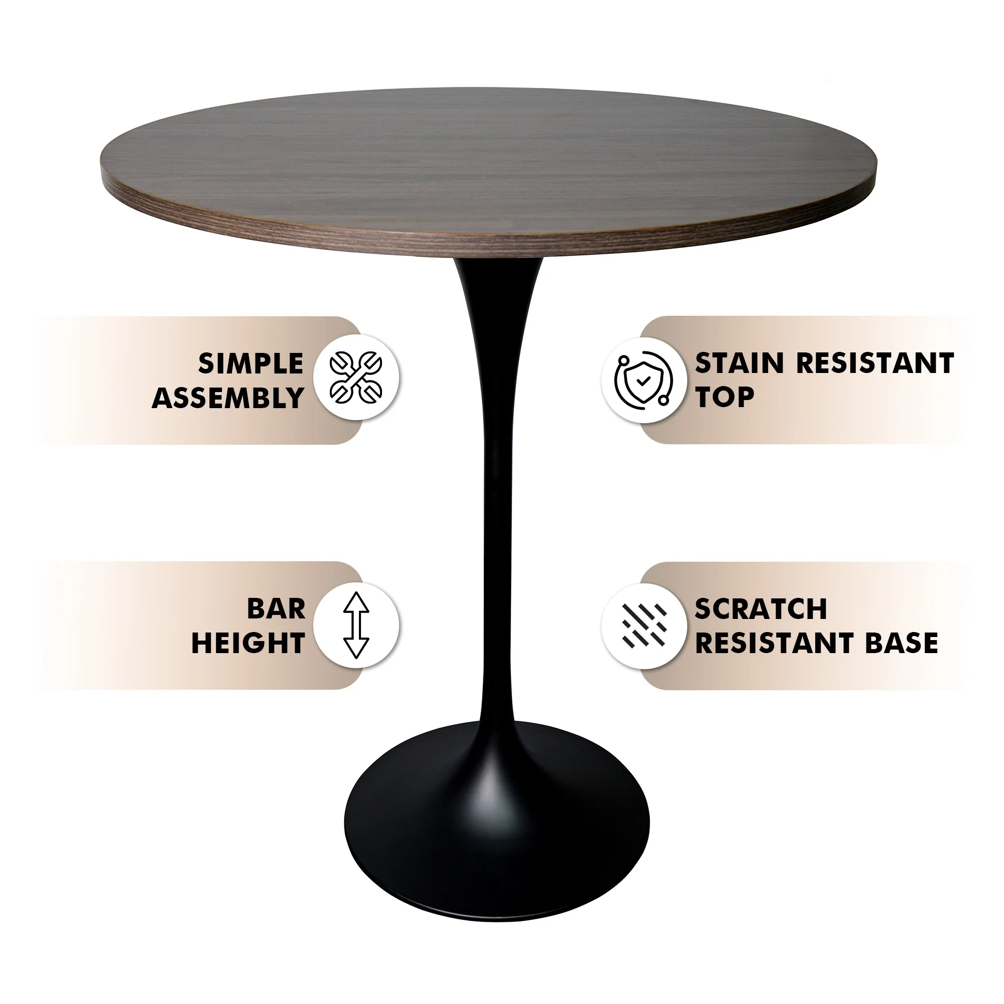 Verve Collection Modern Bar Height Table Black Base with 36" Round Dark Walnut MDF Top