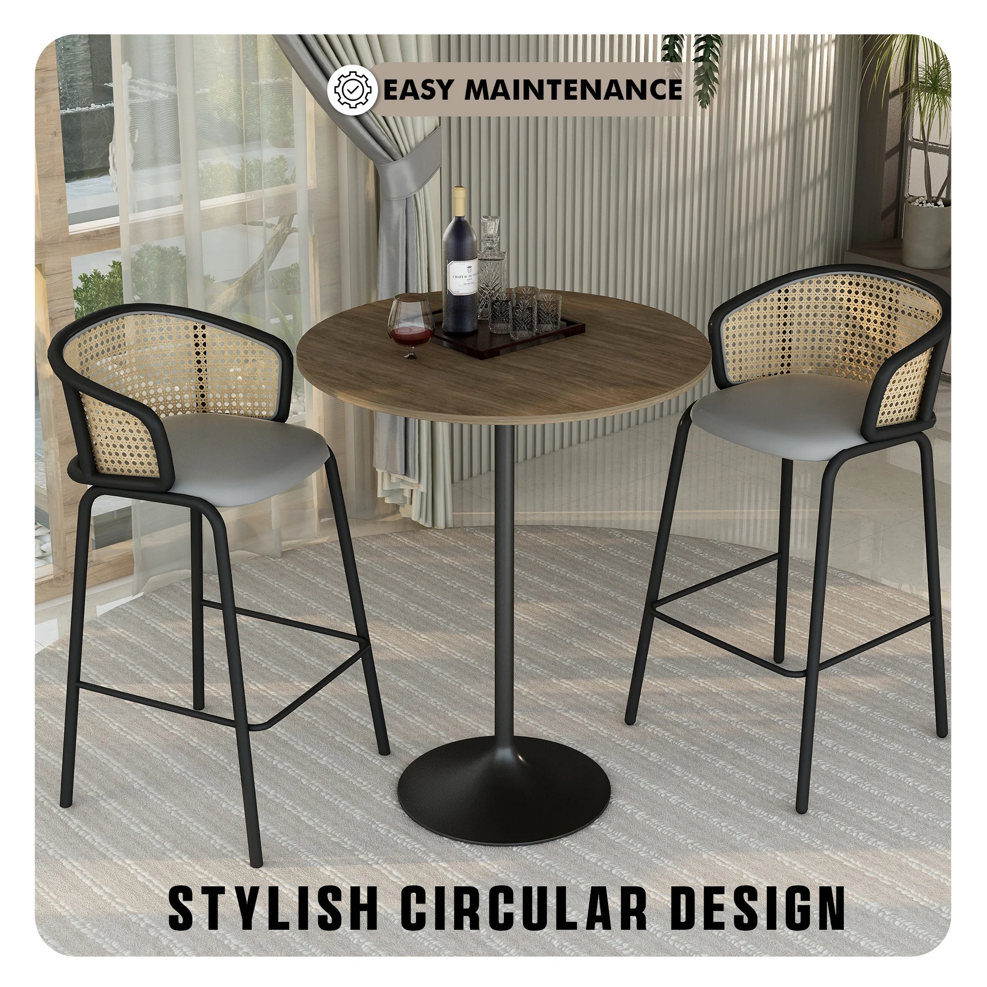 Verve Collection Modern Bar Height Table Black Base with 36" Round Dark Walnut MDF Top