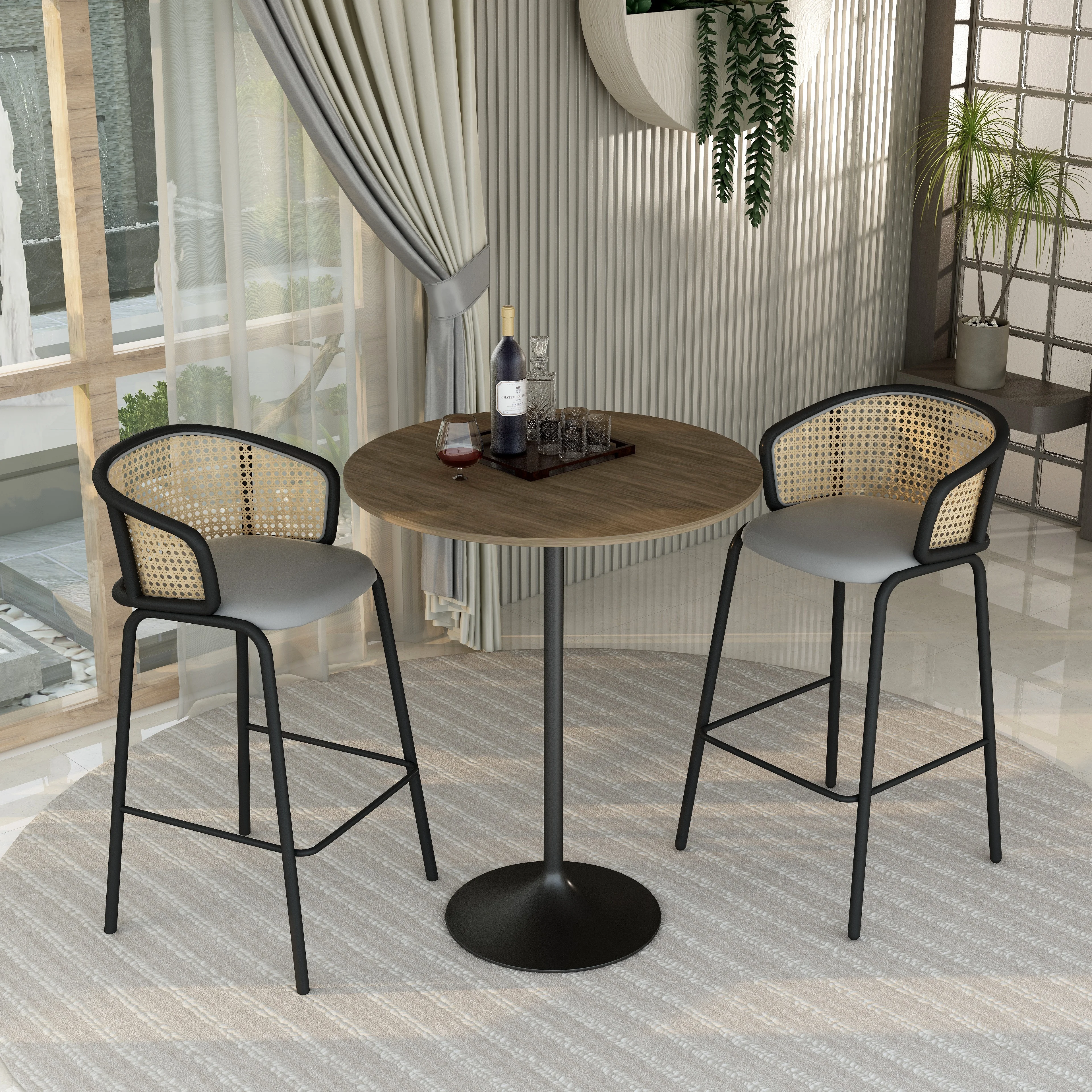 Verve Collection Modern Bar Height Table Black Base with 36" Round Dark Walnut MDF Top