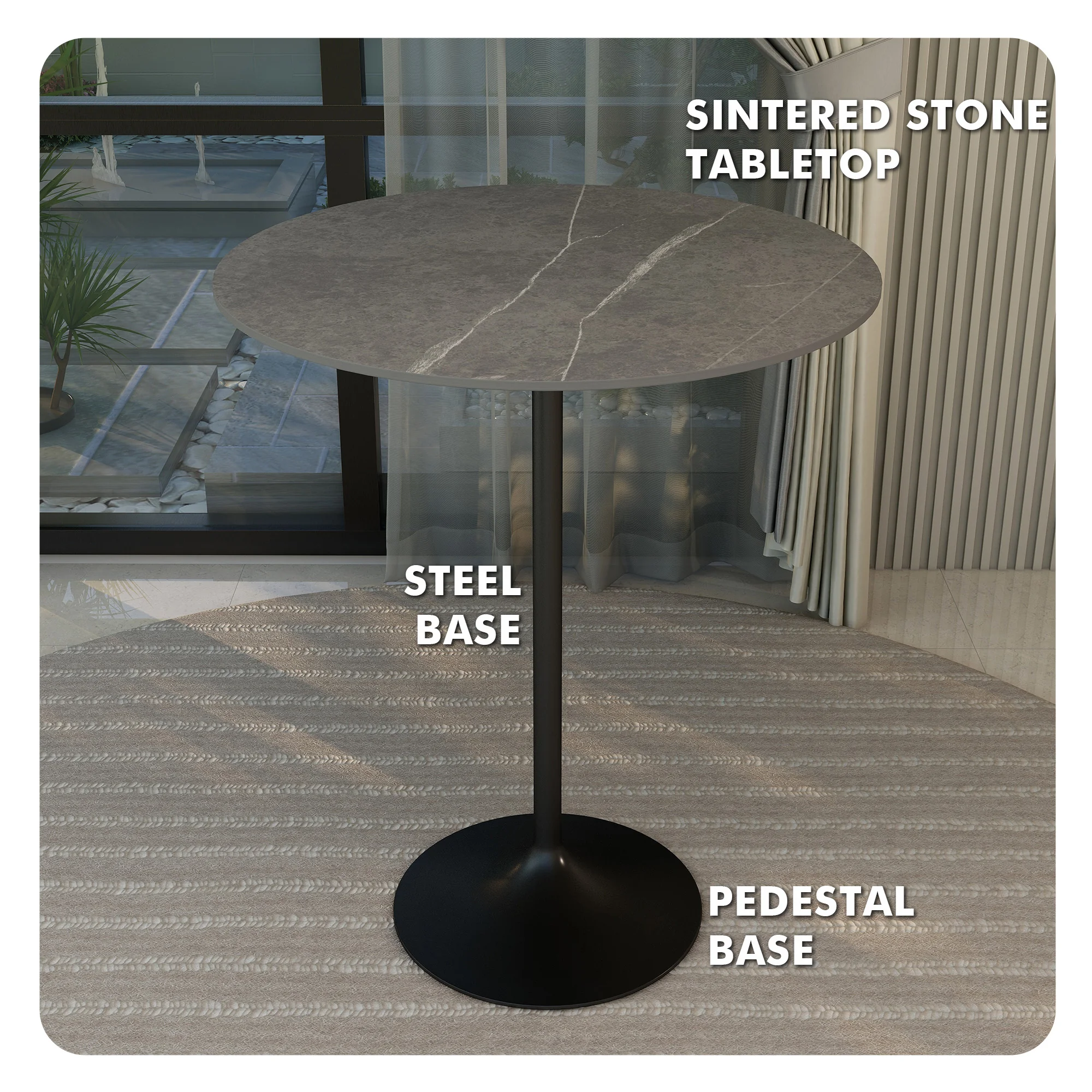 Verve Collection Modern Bar Height Table Black Base with 36" Round Marble Grey Sintered Stone Top