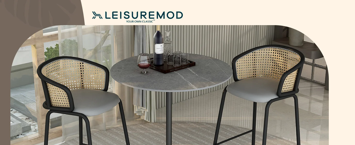 Verve Collection Modern Bar Height Table Black Base with 36" Round Marble Grey Sintered Stone Top