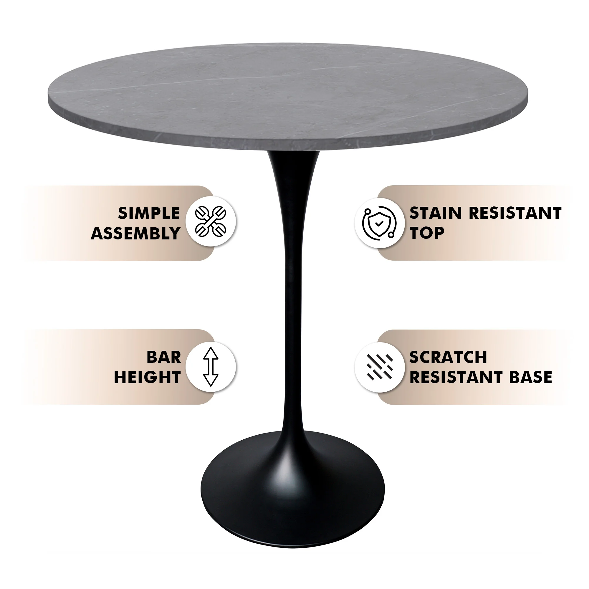 Verve Collection Modern Bar Height Table Black Base with 36" Round Marble Grey Sintered Stone Top
