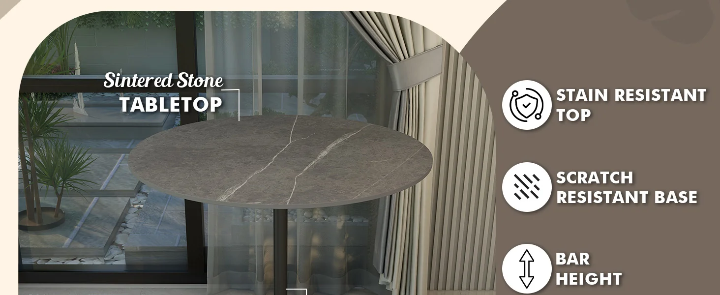 Verve Collection Modern Bar Height Table Black Base with 36" Round Marble Grey Sintered Stone Top