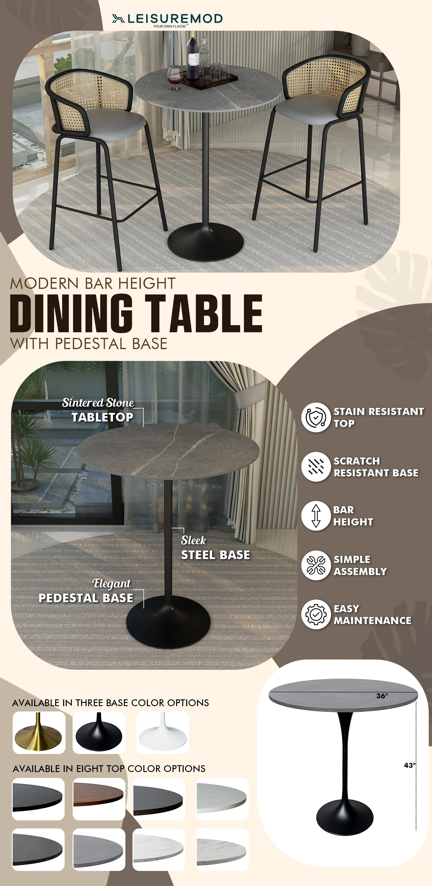 Verve Collection Modern Bar Height Table Black Base with 36" Round Marble Grey Sintered Stone Top