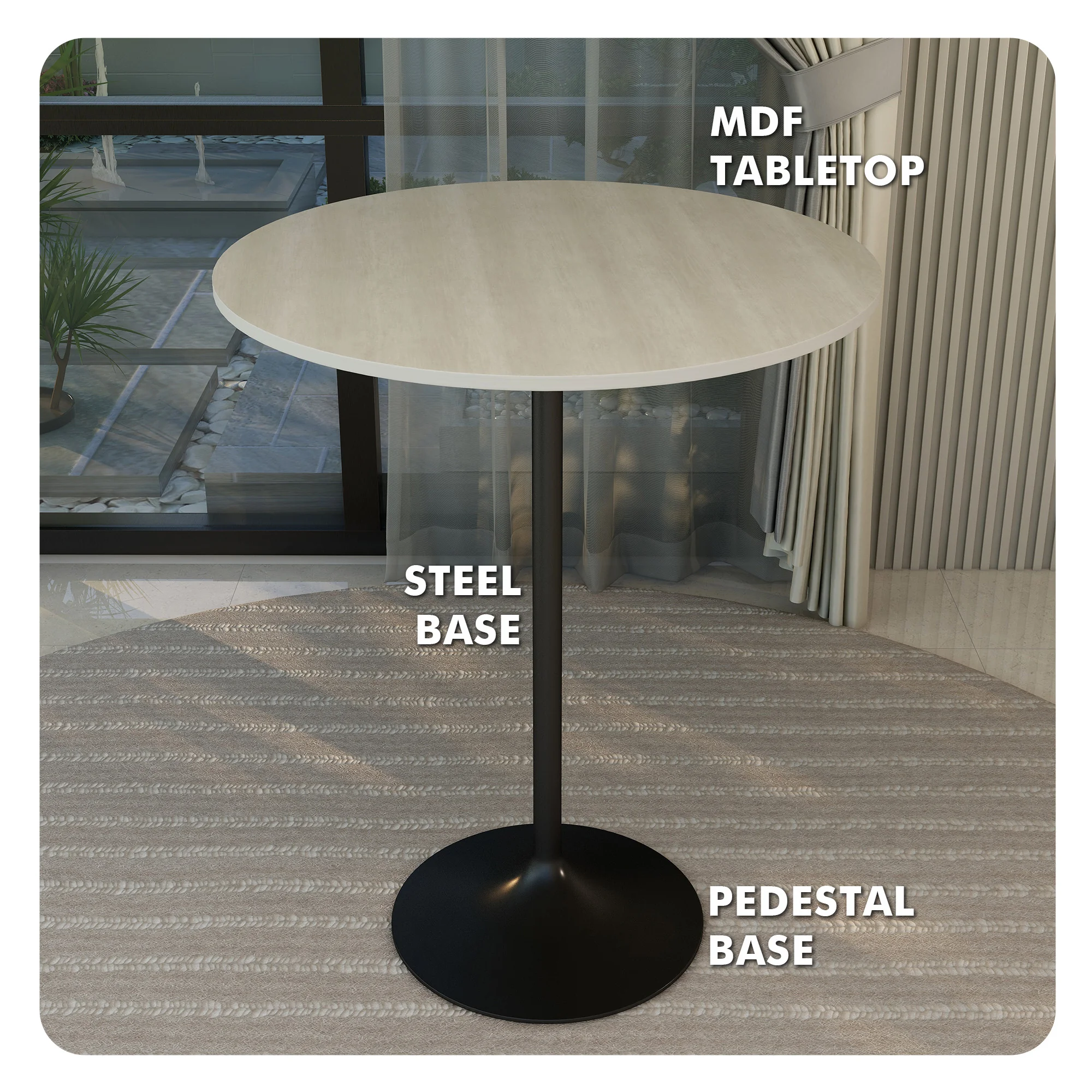 Verve Collection Modern Bar Height Table Black Base with 36" Round Light Natural Wood MDF Top
