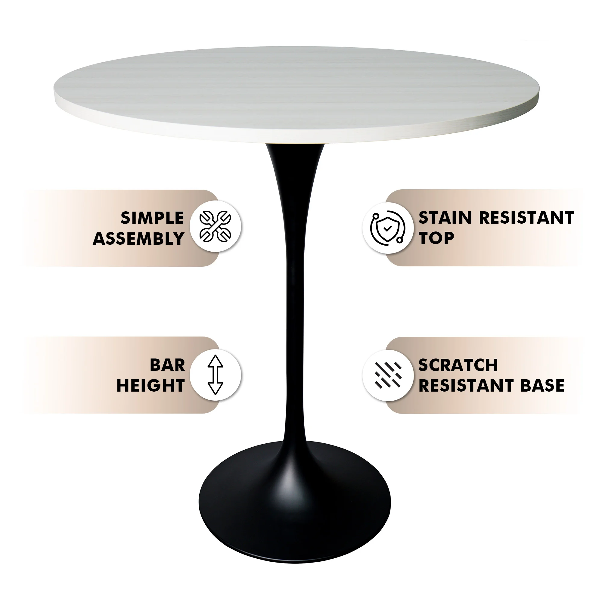 Verve Collection Modern Bar Height Table Black Base with 36" Round Light Natural Wood MDF Top