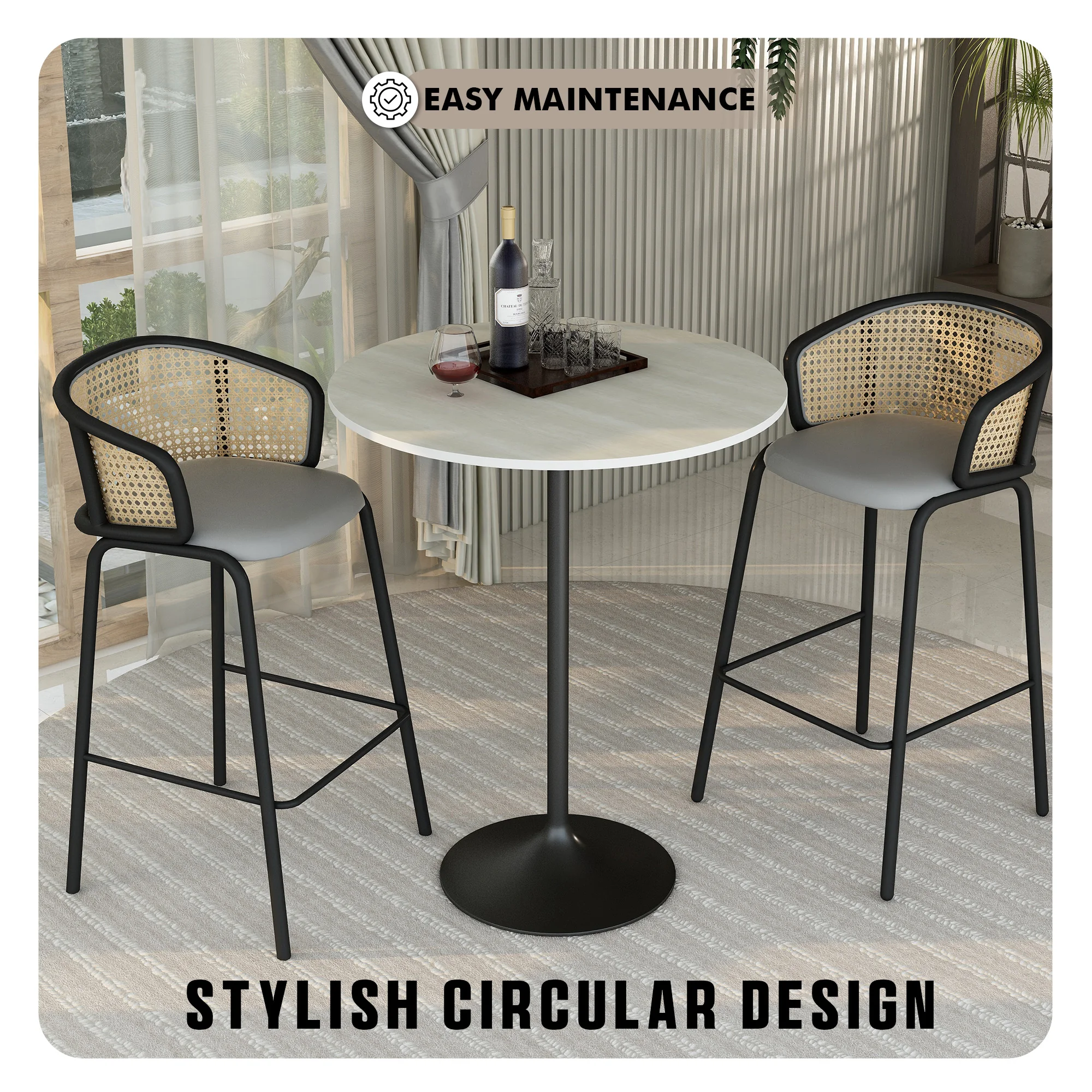 Verve Collection Modern Bar Height Table Black Base with 36" Round Light Natural Wood MDF Top