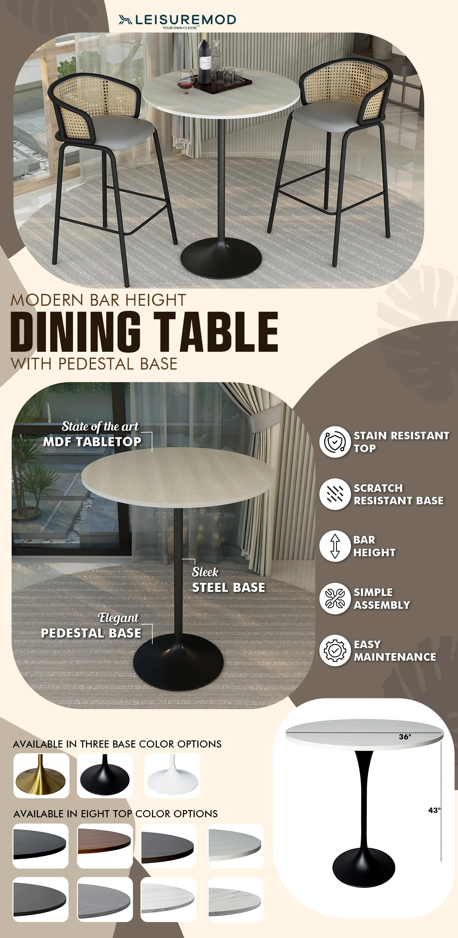 Verve Collection Modern Bar Height Table Black Base with 36" Round Light Natural Wood MDF Top