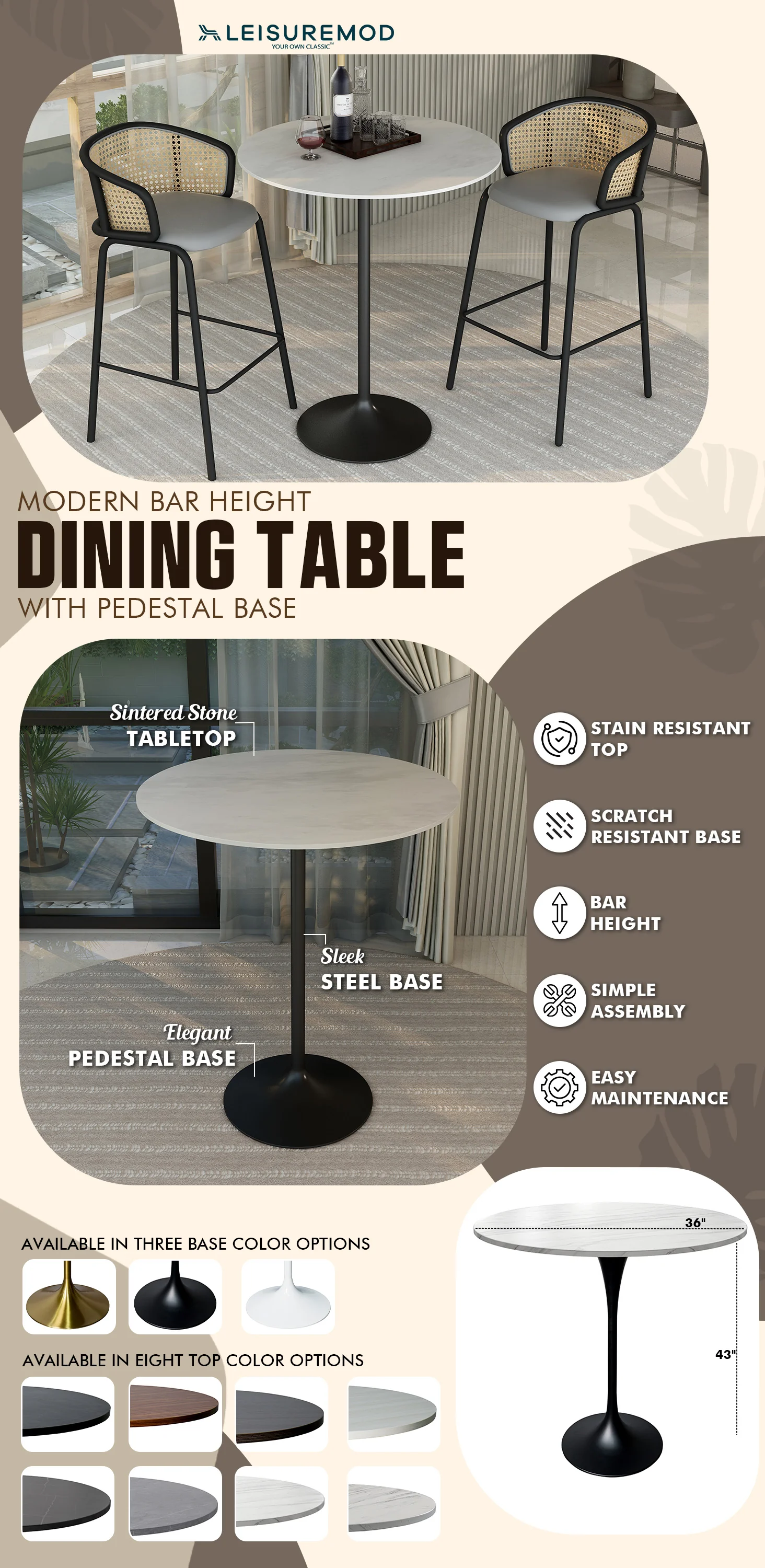 Verve Collection Modern Bar Height Table Black Base with 36" Round Marble White Sintered Stone Top