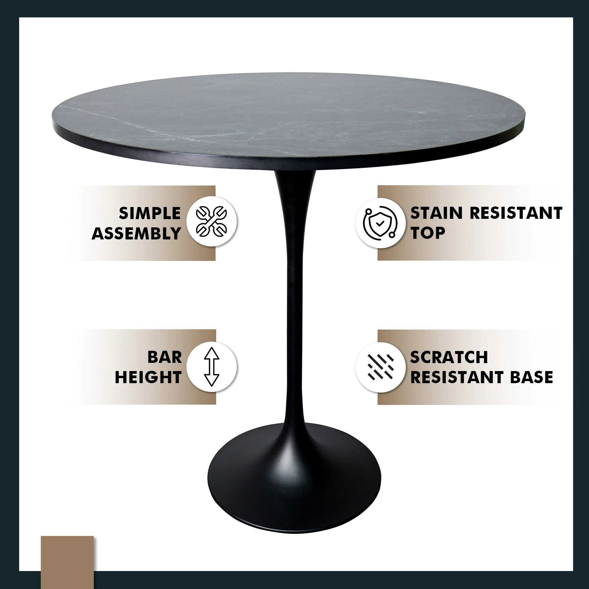 Verve Collection Modern Bar Height Table Black Base with 48" Round Black Marbelized MDF Top