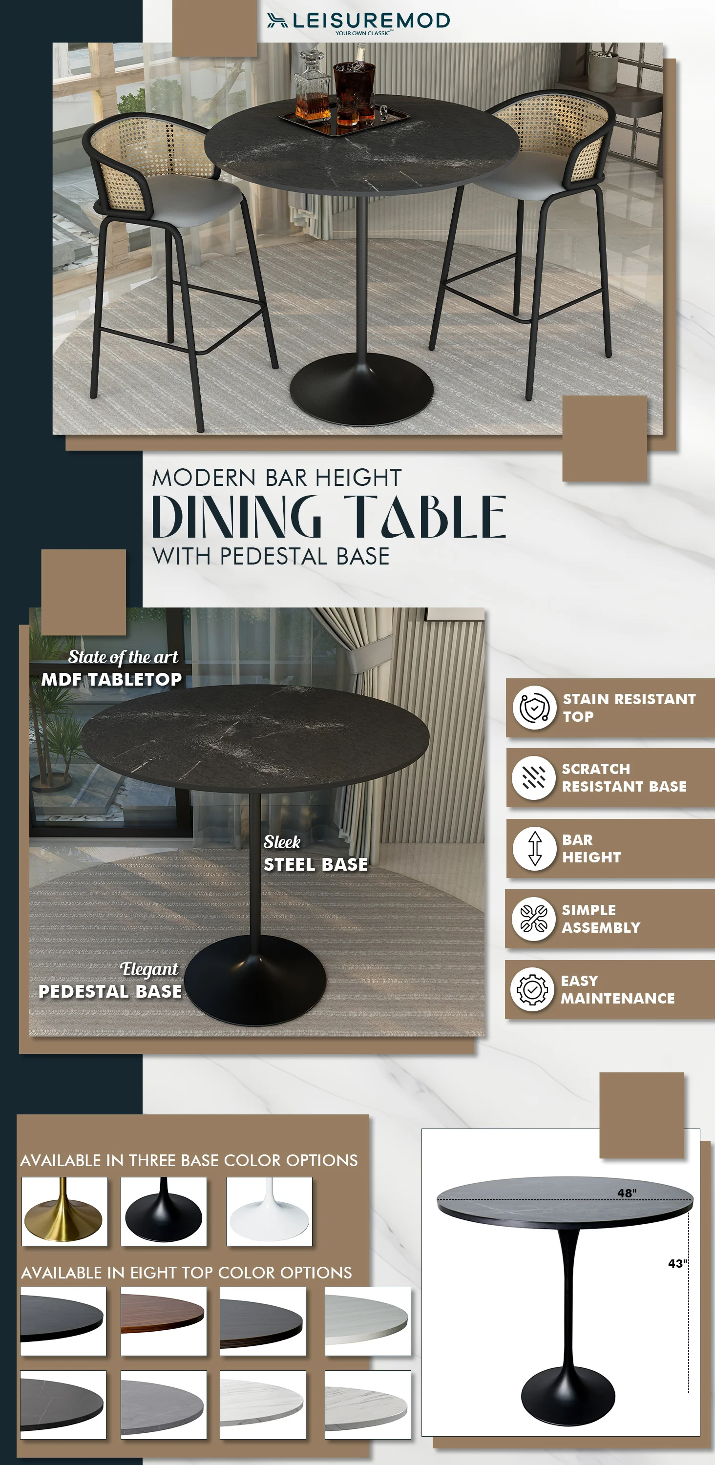 Verve Collection Modern Bar Height Table Black Base with 48" Round Black Marbelized MDF Top