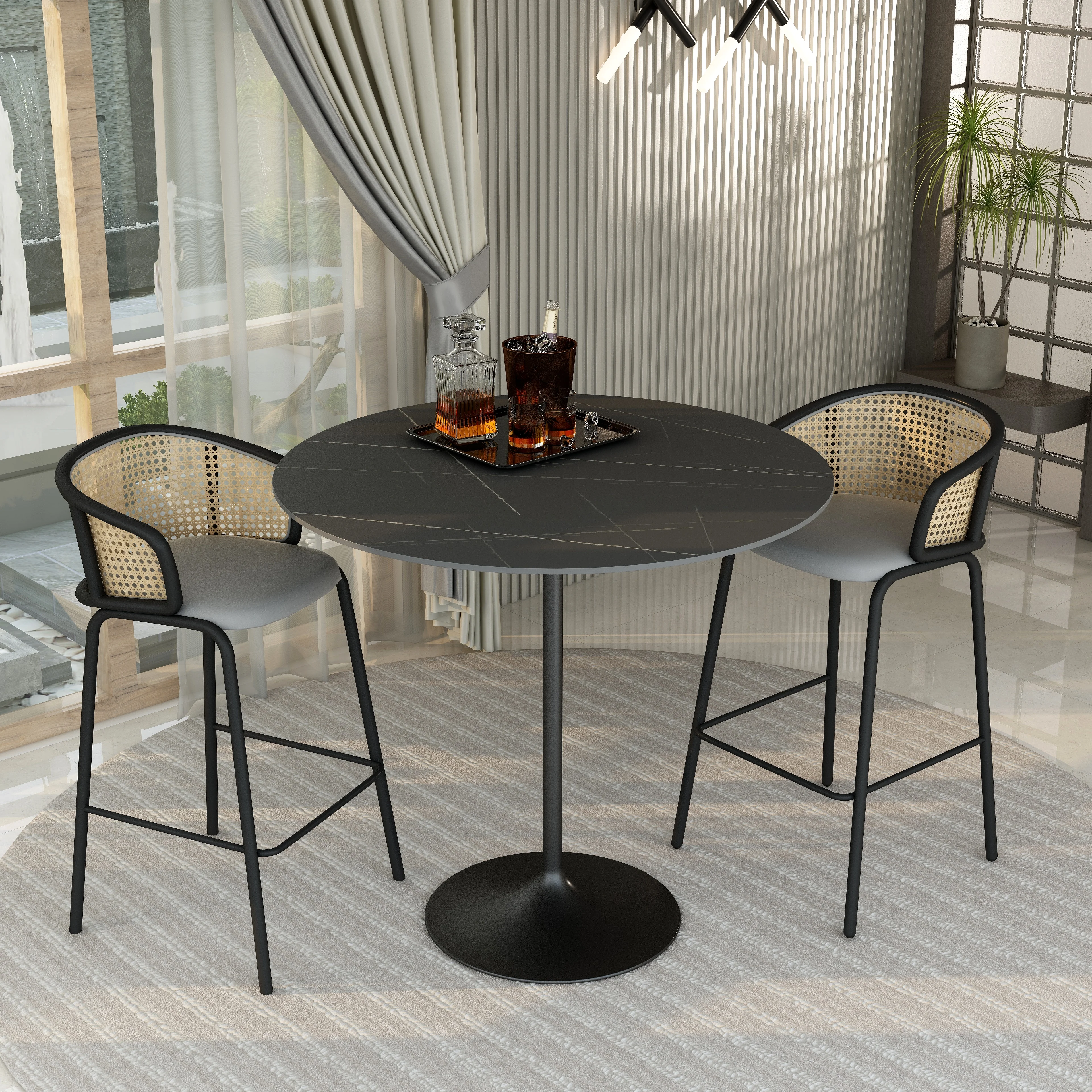 Verve Collection Modern Bar Height Table Black Base with 48" Round Black Marbelized Sintered Stone Top