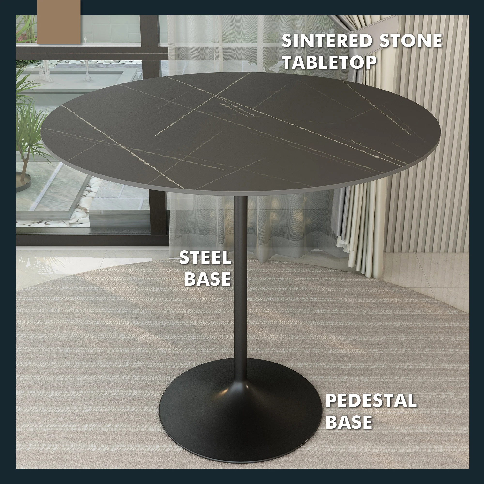 Verve Collection Modern Bar Height Table Black Base with 48" Round Black Marbelized Sintered Stone Top