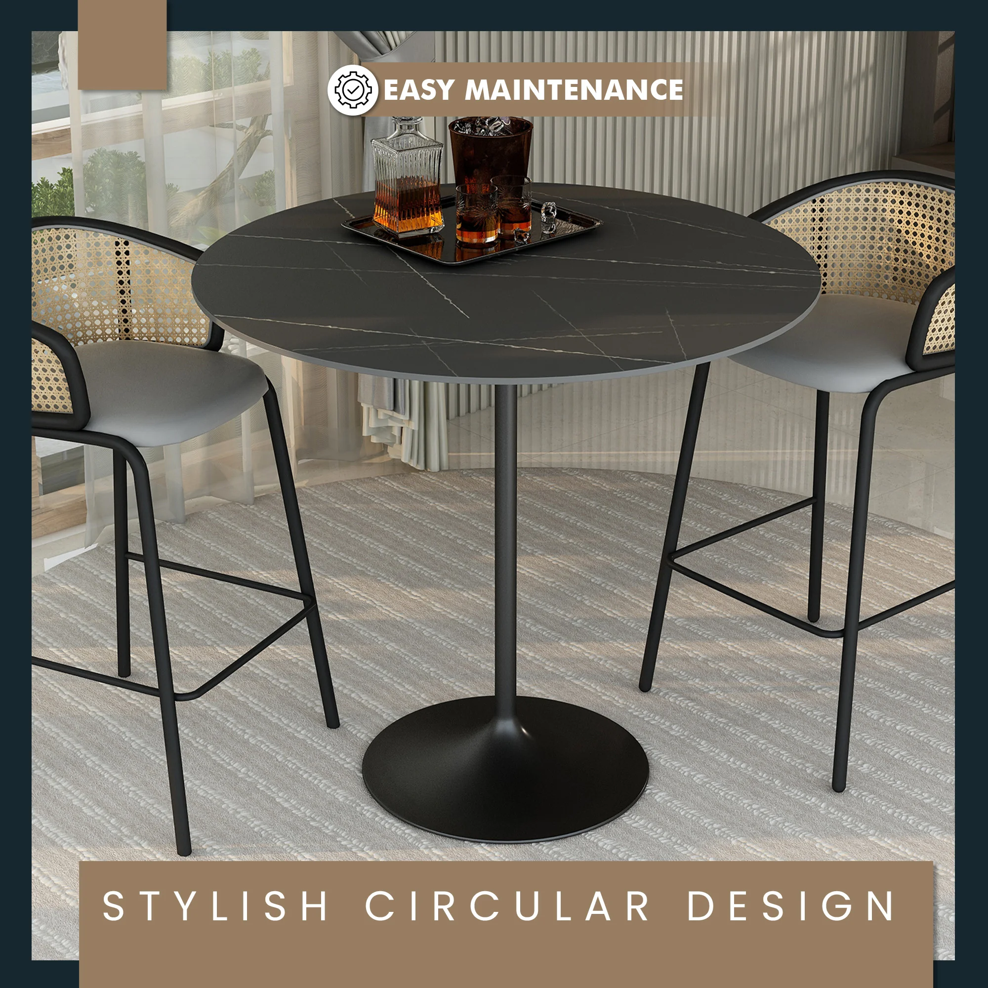 Verve Collection Modern Bar Height Table Black Base with 48" Round Black Marbelized Sintered Stone Top