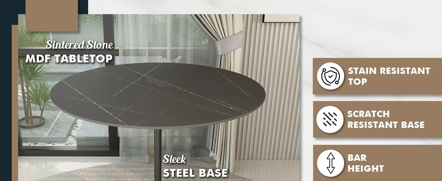 Verve Collection Modern Bar Height Table Black Base with 48" Round Black Marbelized Sintered Stone Top