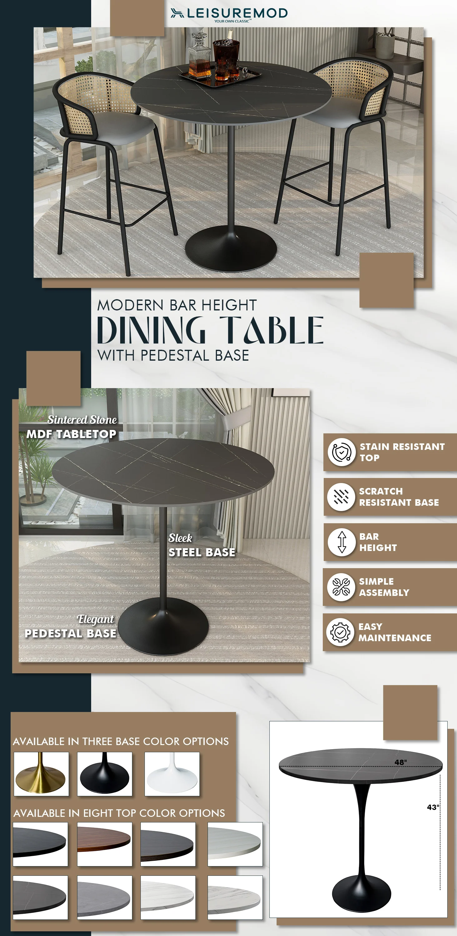 Verve Collection Modern Bar Height Table Black Base with 48" Round Black Marbelized Sintered Stone Top