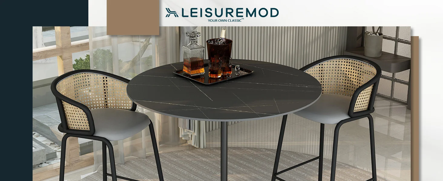 Verve Collection Modern Bar Height Table Black Base with 48" Round Black Marbelized Sintered Stone Top