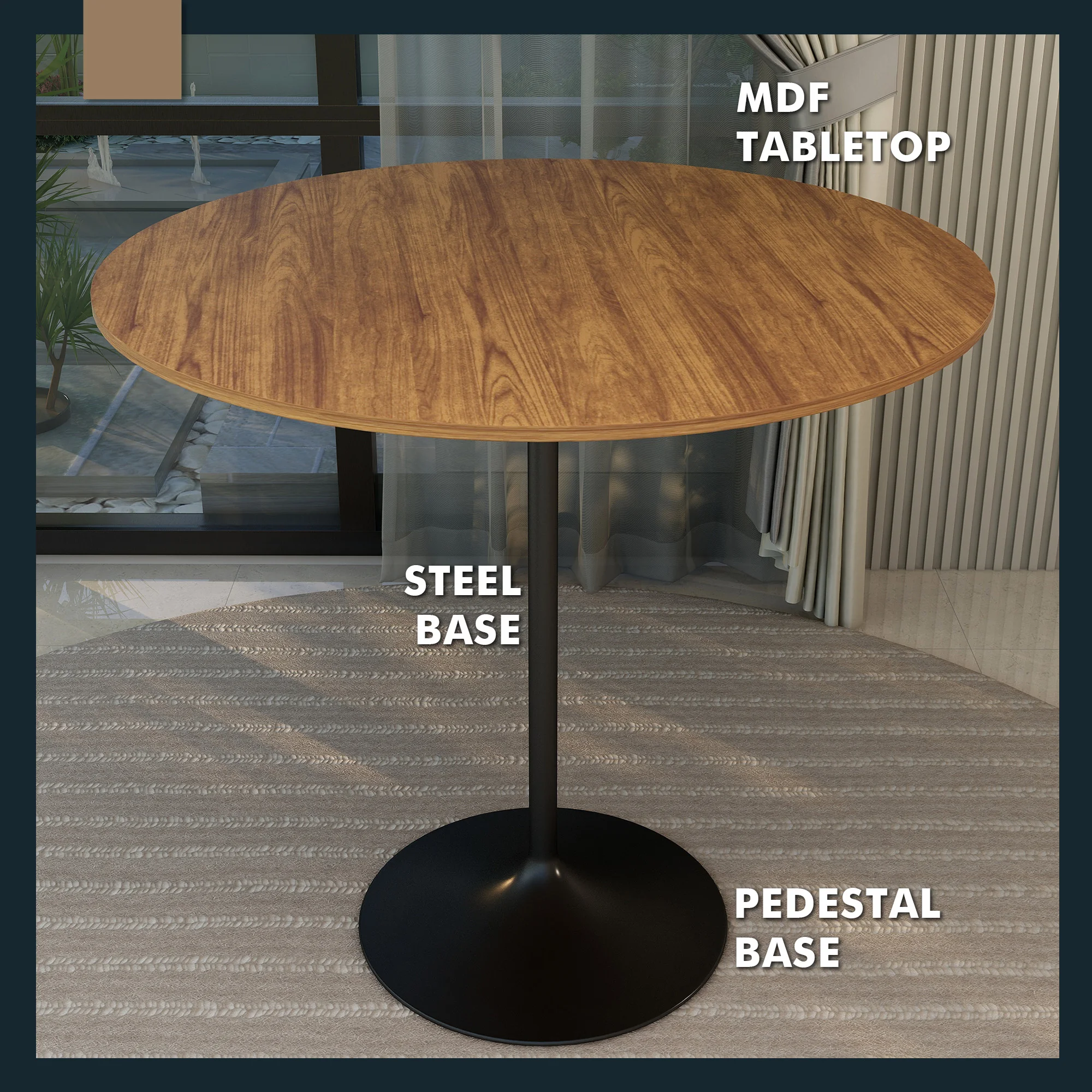 Verve Collection Modern Bar Height Table Black Base with 48" Round Cognac Brown MDF Top