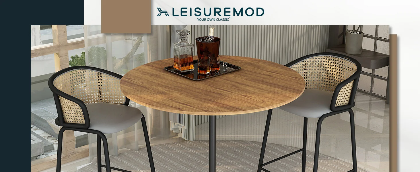 Verve Collection Modern Bar Height Table Black Base with 48" Round Cognac Brown MDF Top