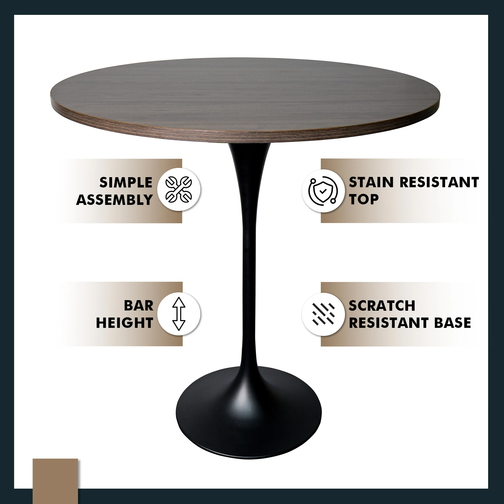 Verve Collection Modern Bar Height Table Black Base with 48" Round Dark Walnut MDF Top