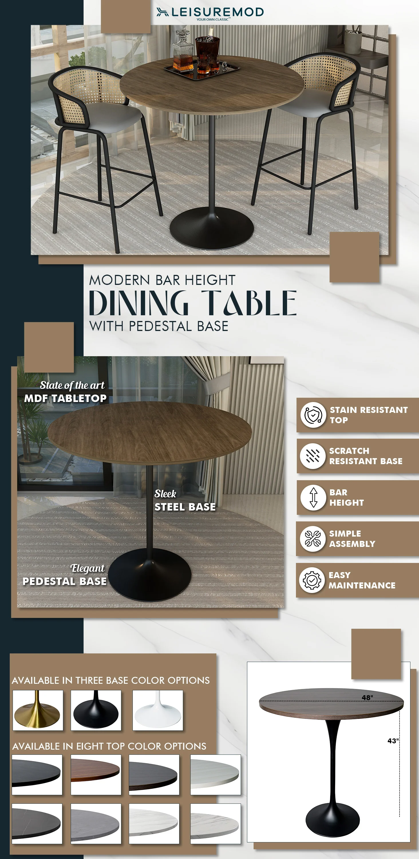 Verve Collection Modern Bar Height Table Black Base with 48" Round Dark Walnut MDF Top