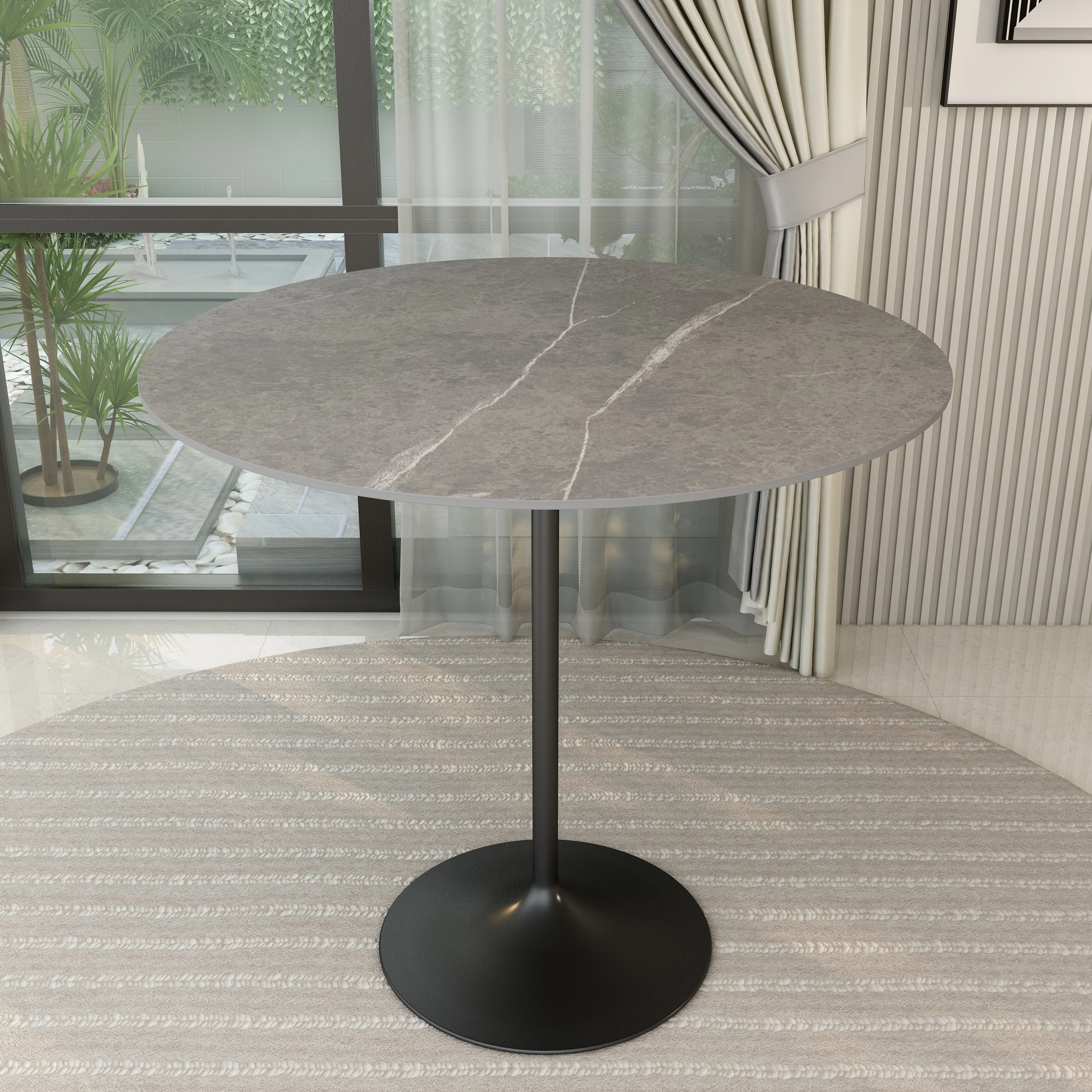 Verve Collection Modern Bar Height Table Black Base with 48" Round Marble Grey Sintered Stone Top