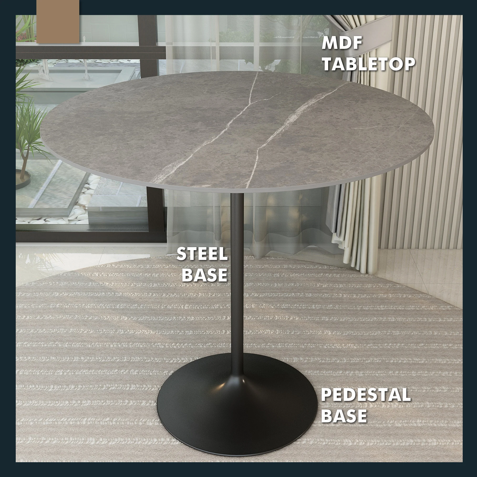 Verve Collection Modern Bar Height Table Black Base with 48" Round Marble Grey Sintered Stone Top