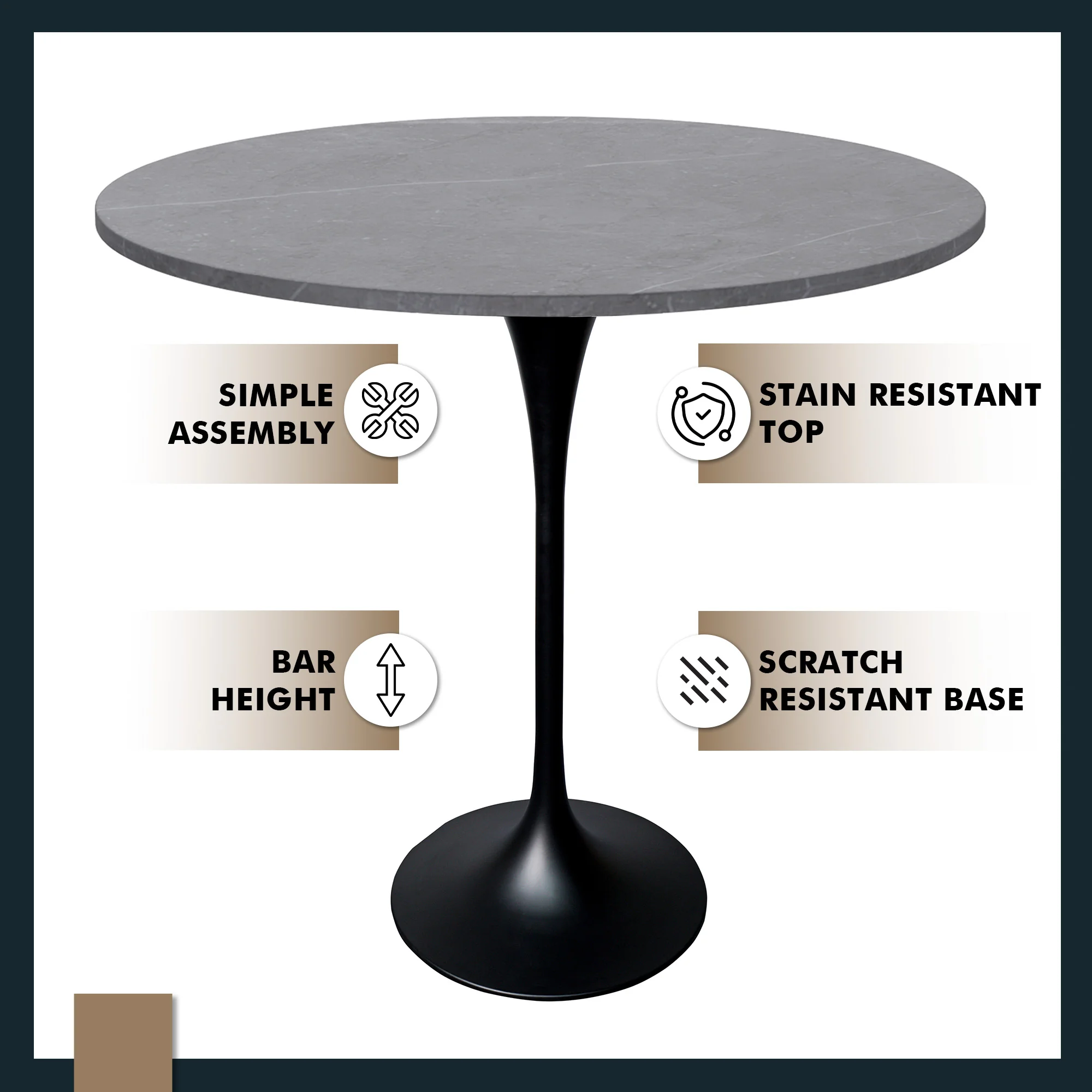 Verve Collection Modern Bar Height Table Black Base with 48" Round Marble Grey Sintered Stone Top