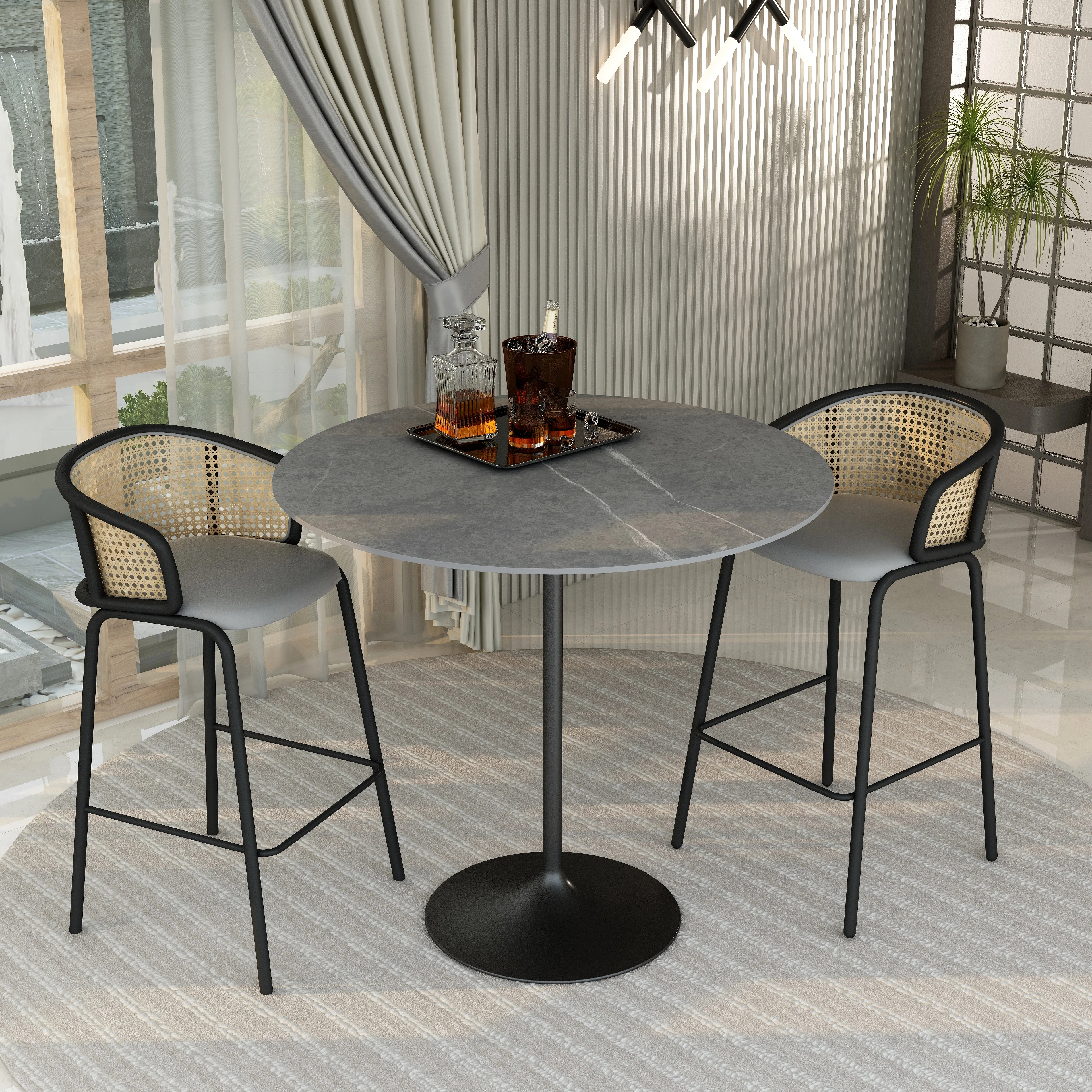 Verve Collection Modern Bar Height Table Black Base with 48" Round Marble Grey Sintered Stone Top