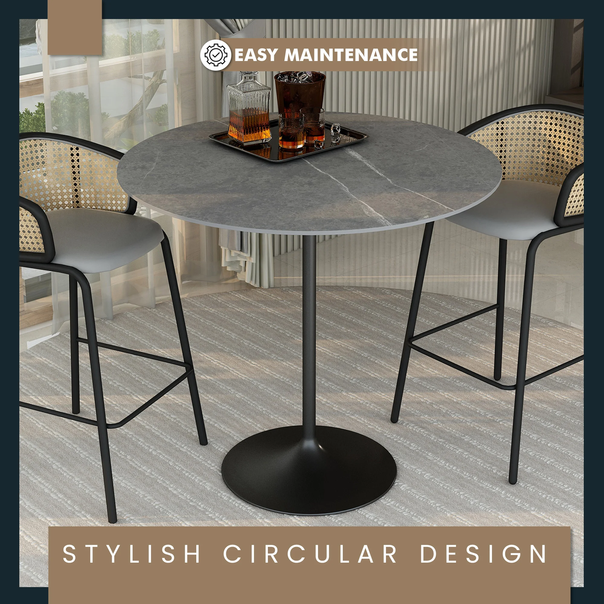 Verve Collection Modern Bar Height Table Black Base with 48" Round Marble Grey Sintered Stone Top
