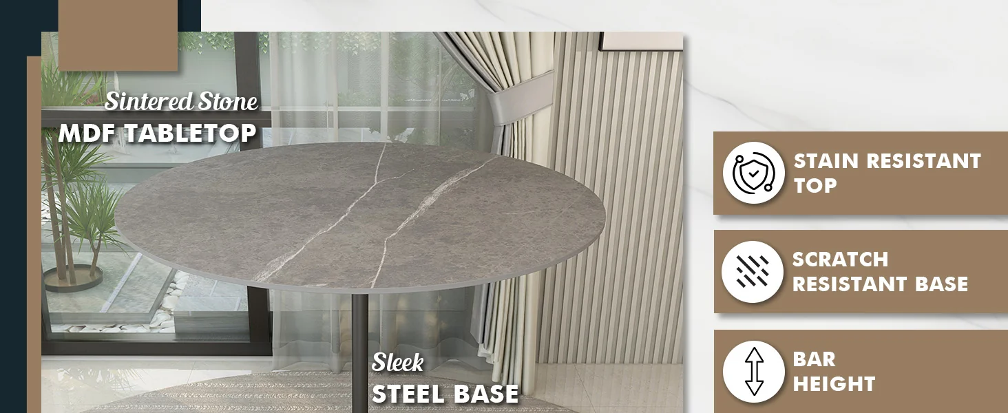 Verve Collection Modern Bar Height Table Black Base with 48" Round Marble Grey Sintered Stone Top