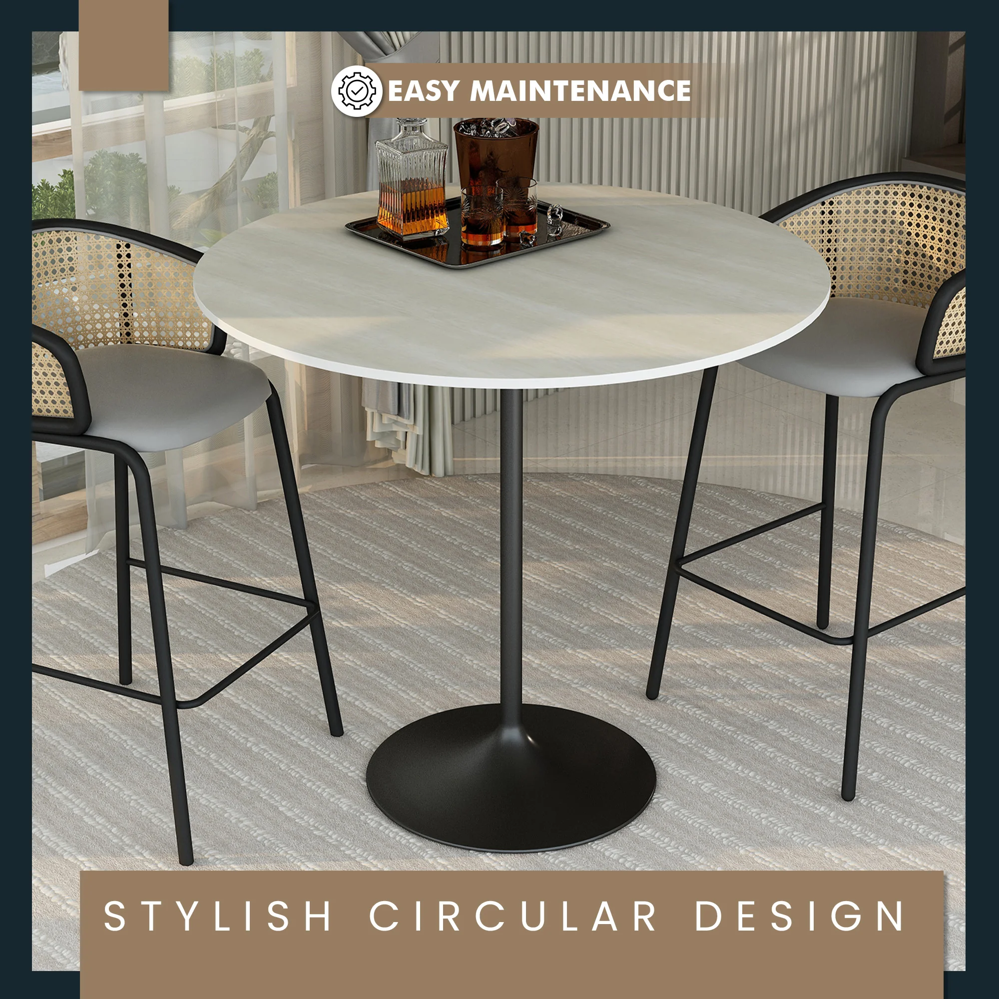 Verve Collection Modern Bar Height Table Black Base with 48" Round Light Natural Wood MDF Top