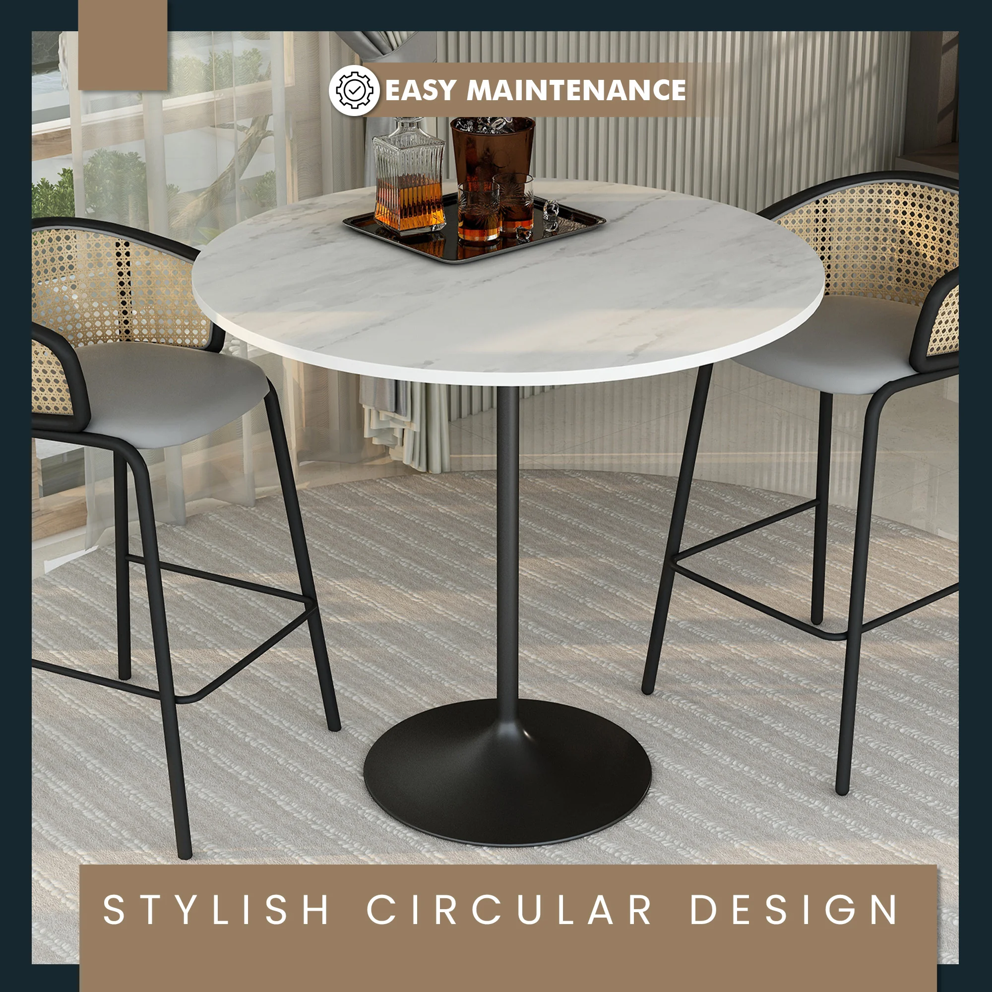 Verve Collection Modern Bar Height Table Black Base with 48" Round Marbleized White Laminated Top