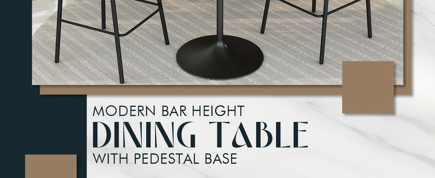 Verve Collection Modern Bar Height Table Black Base with 48" Round Marbleized White Laminated Top
