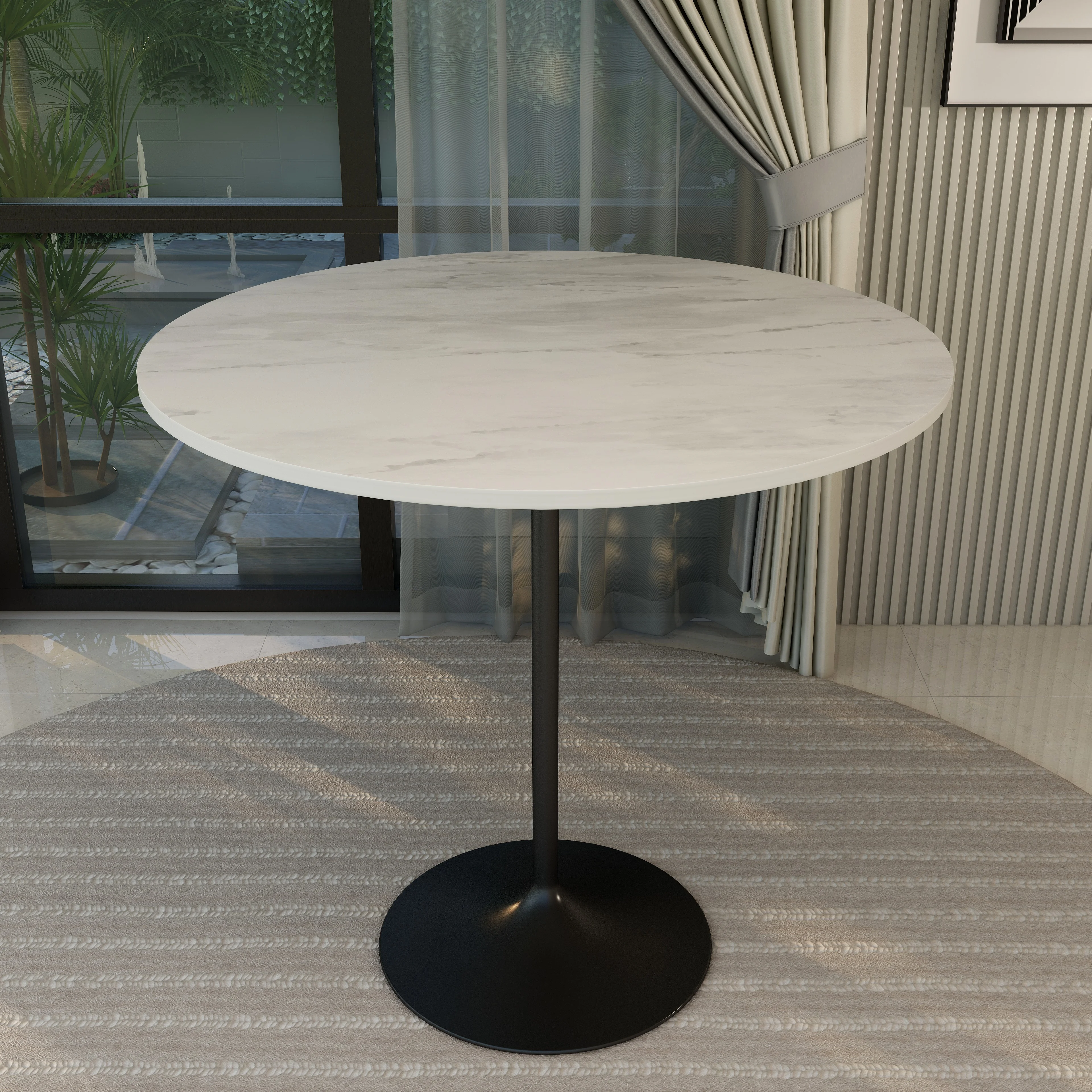 Verve Collection Modern Bar Height Table Black Base with 48" Round Marbleized White Laminated Top