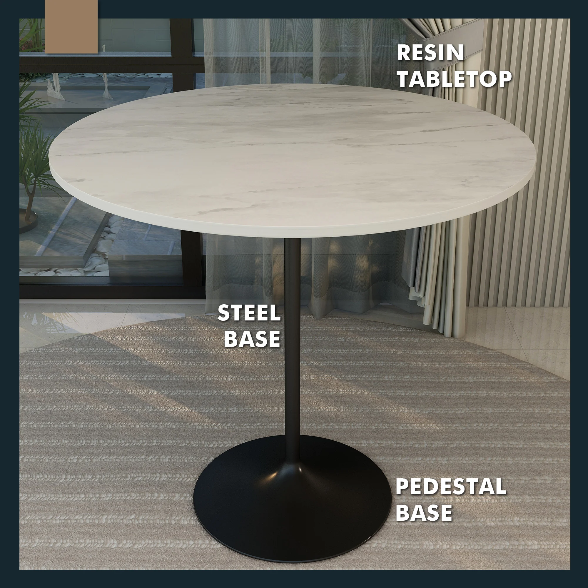 Verve Collection Modern Bar Height Table Black Base with 48" Round Marbleized White Laminated Top