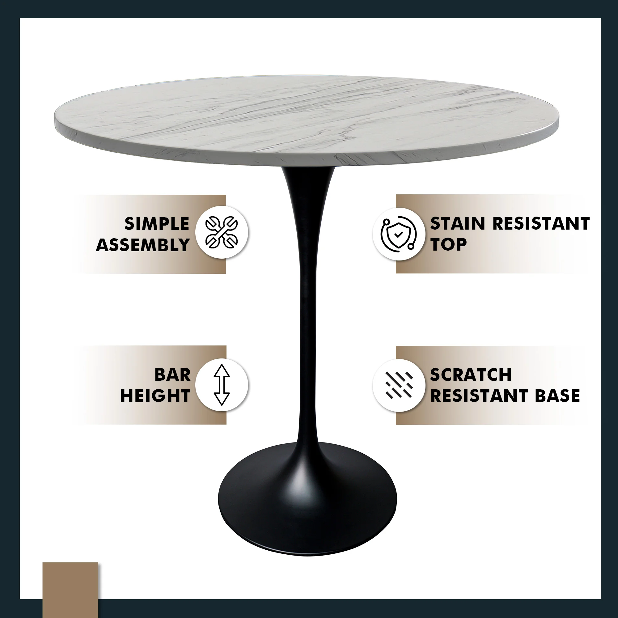Verve Collection Modern Bar Height Table Black Base with 48" Round Marbleized White Laminated Top