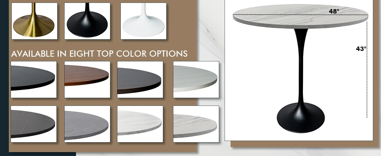 Verve Collection Modern Bar Height Table Black Base with 48" Round Marbleized White Laminated Top